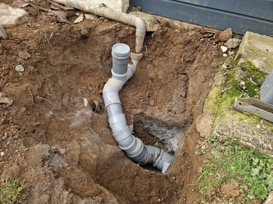 Excavation en extérieur révélant un réseau de canalisations PVC gris en tranchée