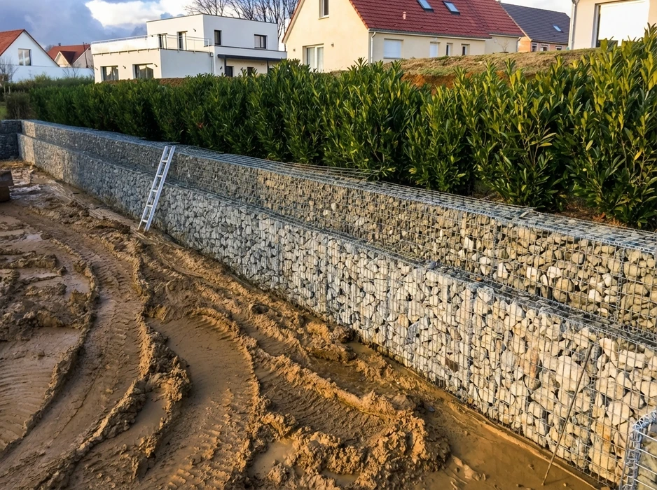 Chantier extérieur de construction d'un mur de soutènement en gabions, constitué de trois rangées de cages métalliques galvanisées remplies de pierres calcaires concassées