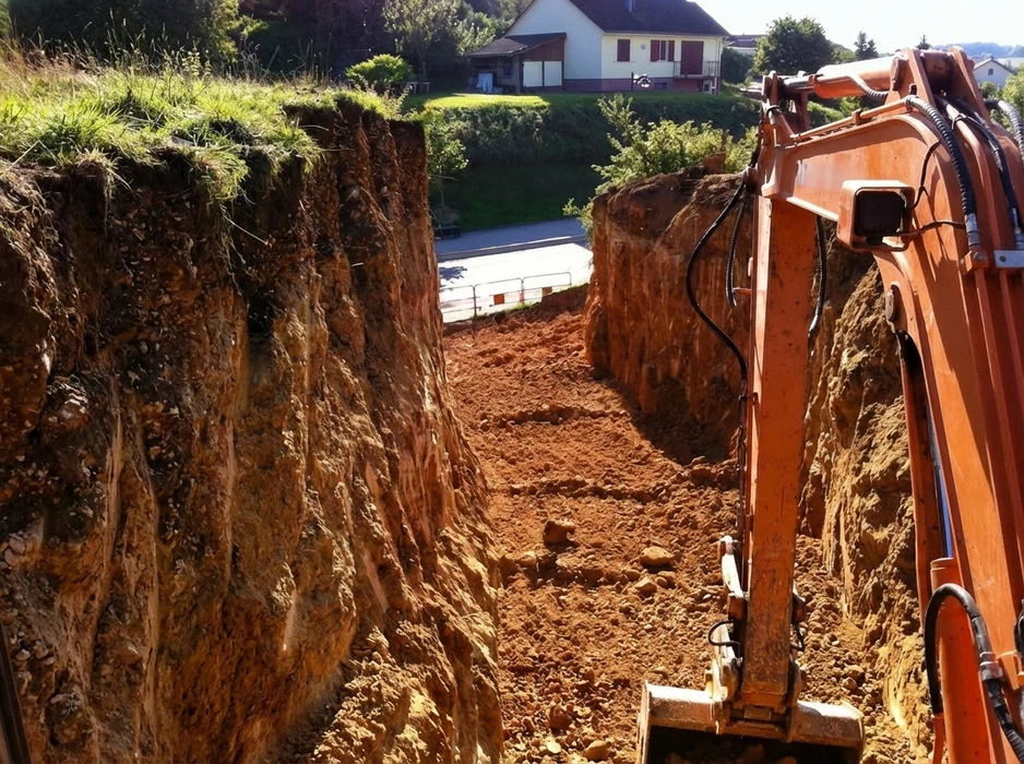Tranchée profonde excavée en terrain argileux rougeâtre, parois verticales non blindées