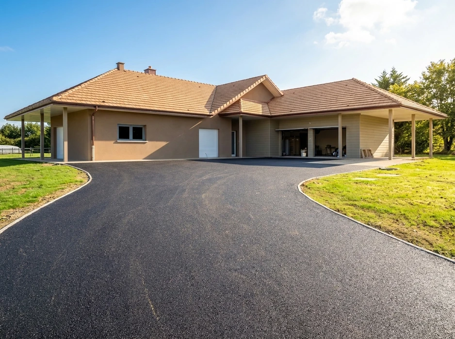 Allée de maison en enrobé bitumineux noir fraîchement posé, tracé courbe avec bordures blanches