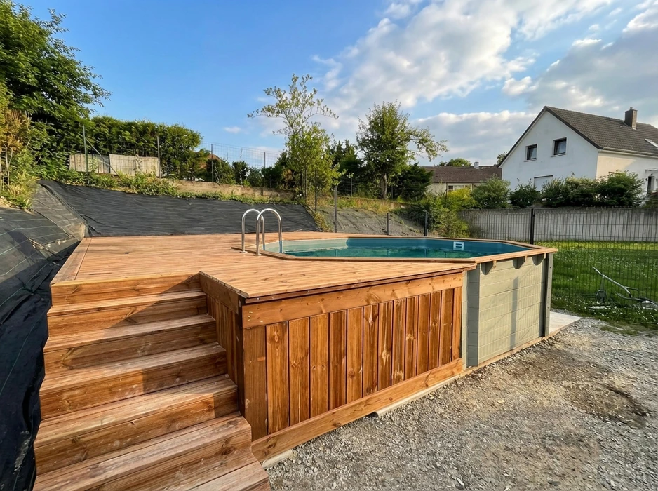 Piscine hors-sol octogonale avec habillage en planches de bois résineux traité autoclave, posée sur une dalle de gravier compacté