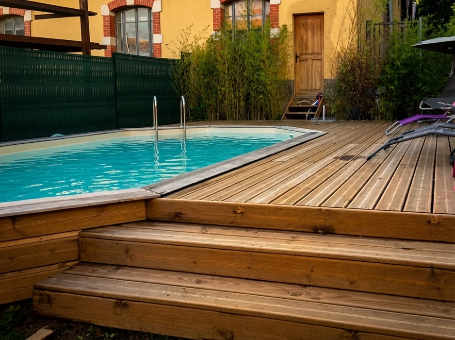 Terrasse en bois composite autour d'une piscine hors-sol octogonale, avec escalier d'accès en bois traité autoclave
