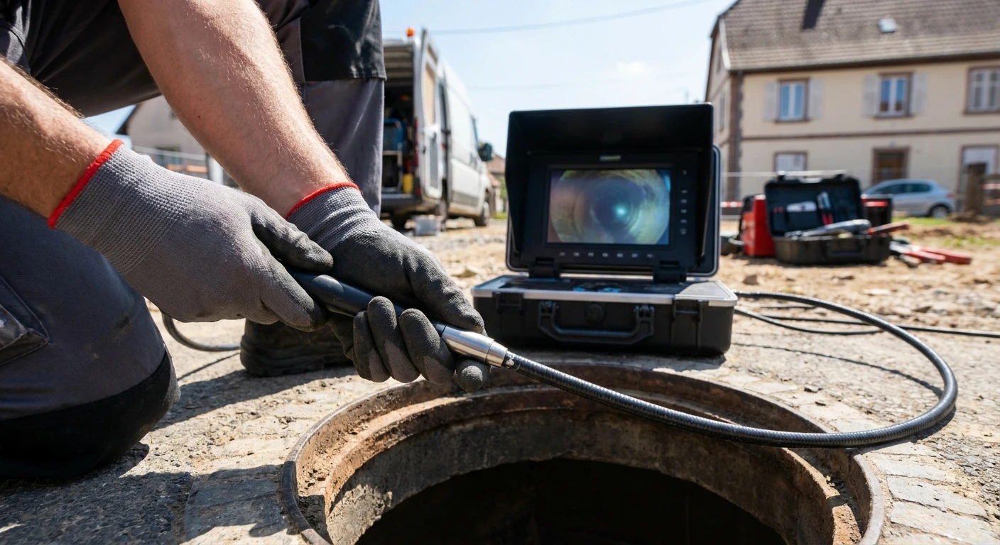 Gros plan professionnel montrant les mains d'un technicien manipulant une tête de caméra endoscopique flexible reliée à un câble lors d'une inspection. La caméra est en cours d'insertion dans une ouverture de canalisation (bouche d'accès visible), avec en arrière-plan l'écran de contrôle portable affichant l'intérieur du réseau souterrain inspecté. Contexte réaliste de chantier avec équipement professionnel d'assainissement.