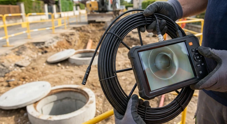 Gros plan professionnel montrant l'écran d'une caméra d'inspection endoscopique affichant une vue détaillée de l'intérieur d'une canalisation en PVC, révélant clairement des fissures, des dépôts ou une accumulation de débris, avec en arrière-plan flou un technicien opérant le clavier de contrôle. L'image doit transmettre la précision du diagnostic et la clarté de la détection des anomalies souterraines.