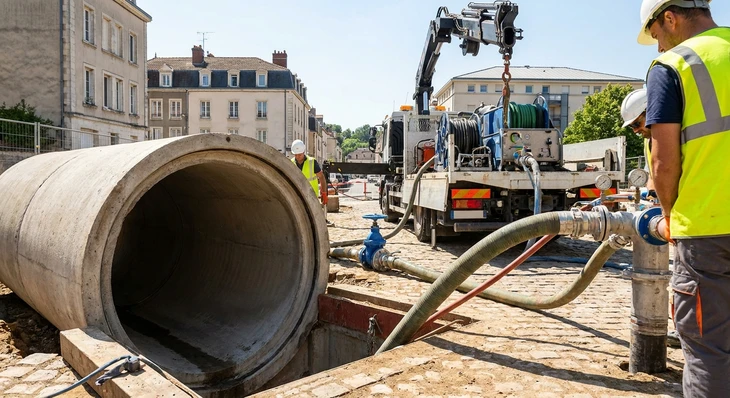 Chantier de voirie urbaine avec ouvriers en &eacute;quipements de s&eacute;curit&eacute; haute visibilit&eacute; effectuant des travaux de canalisation