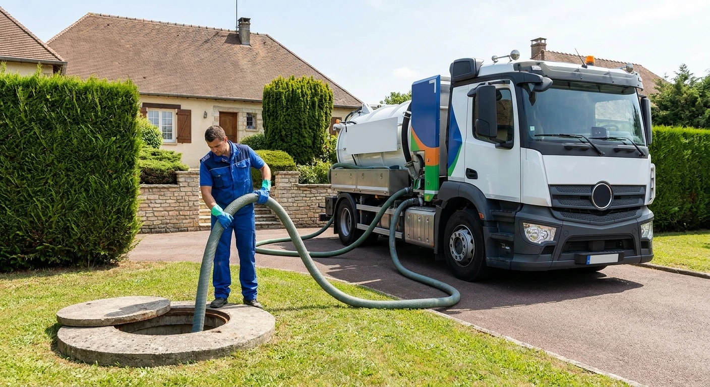 Camion d'assainissement jaune stationn&eacute; devant un b&acirc;timent historique en pierre, tuyaux verts d&eacute;ploy&eacute;s vers une bouche d'&eacute;gout pour vidange ou curage