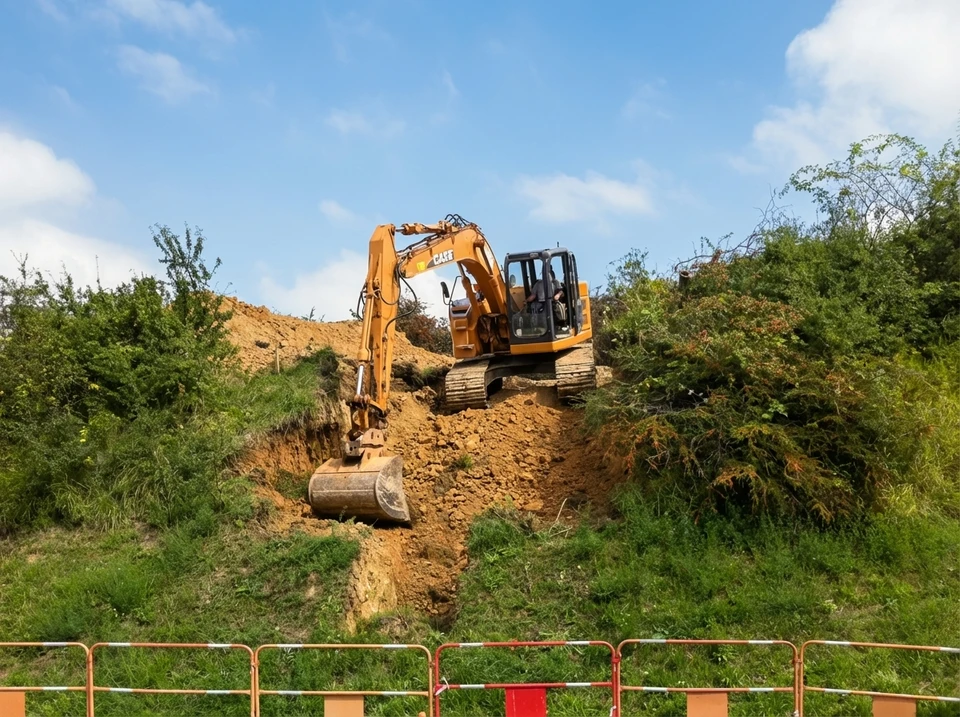 Une vue de chantier de terrassement en cours montrant un engin de terrassement (pelle mécanique ou mini-pelle) en action sur un terrain en pente, avec des monticules de terre excavée, des zones de dénivelé marquées et un paysage naturel environnant. L'image doit traduire l'activité de terrassement professionnel, la maîtrise du terrain et la capacité à gérer des projets d'aménagement complexes dans un environnement naturel ou semi-urbain.