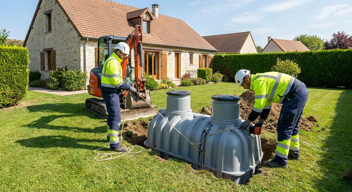 Terrain ext&eacute;rieur avec fosse septique en b&eacute;ton circulaire &eacute;quip&eacute;e d'un regard d'acc&egrave;s et d'un conduit de ventilation bleu PVC