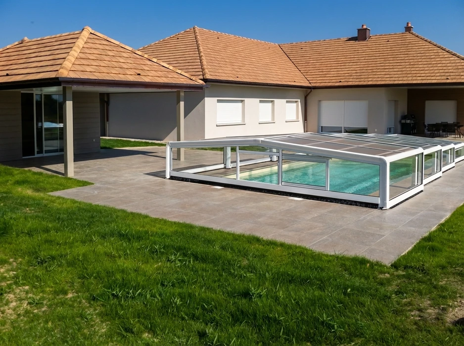 Allée de maison en enrobé bitumineux noir fraîchement posé, tracé courbe avec bordures blanches