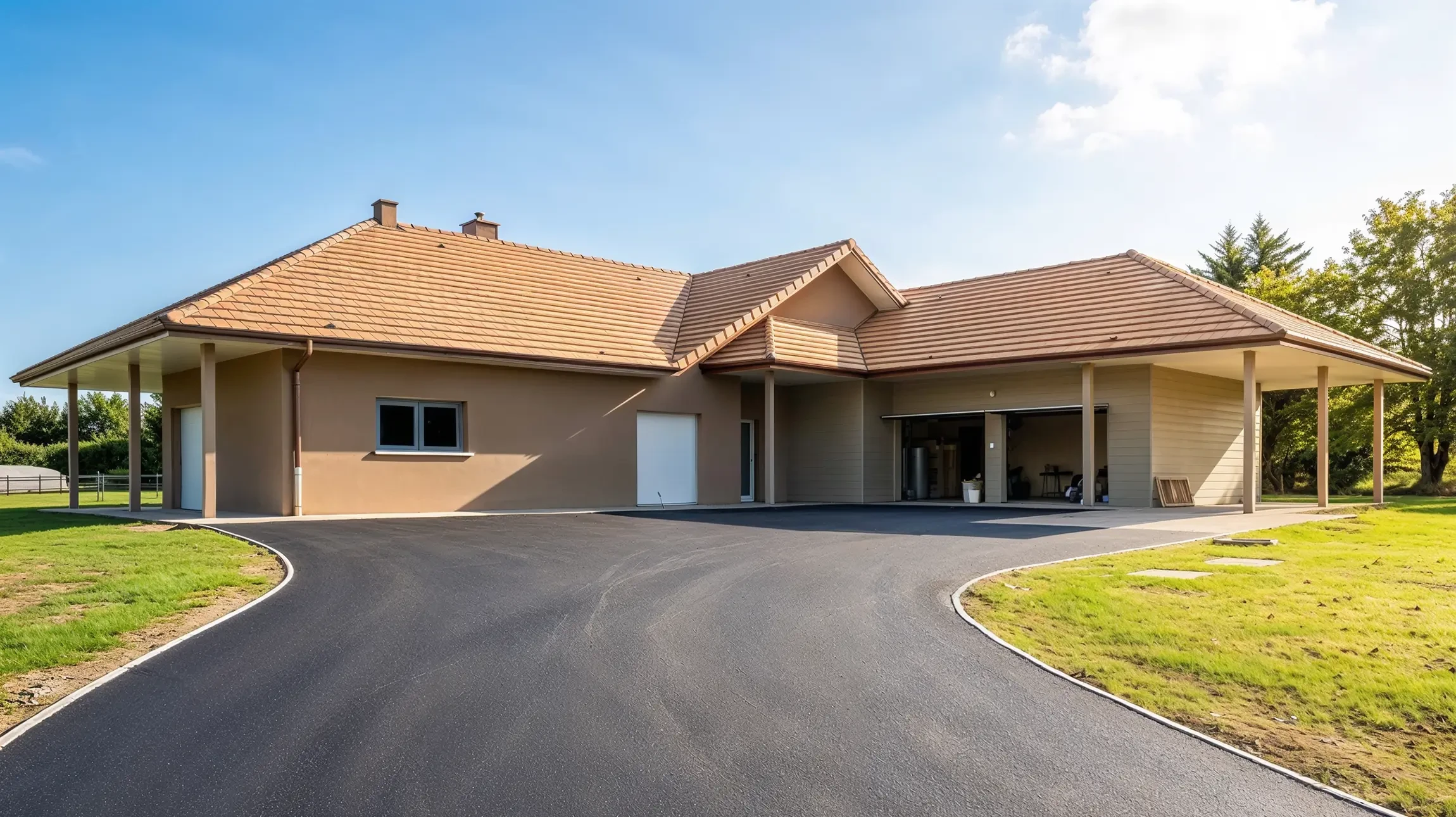 Am&eacute;nagement paysager ext&eacute;rieur moderne avec terrasses &agrave; niveaux multiples